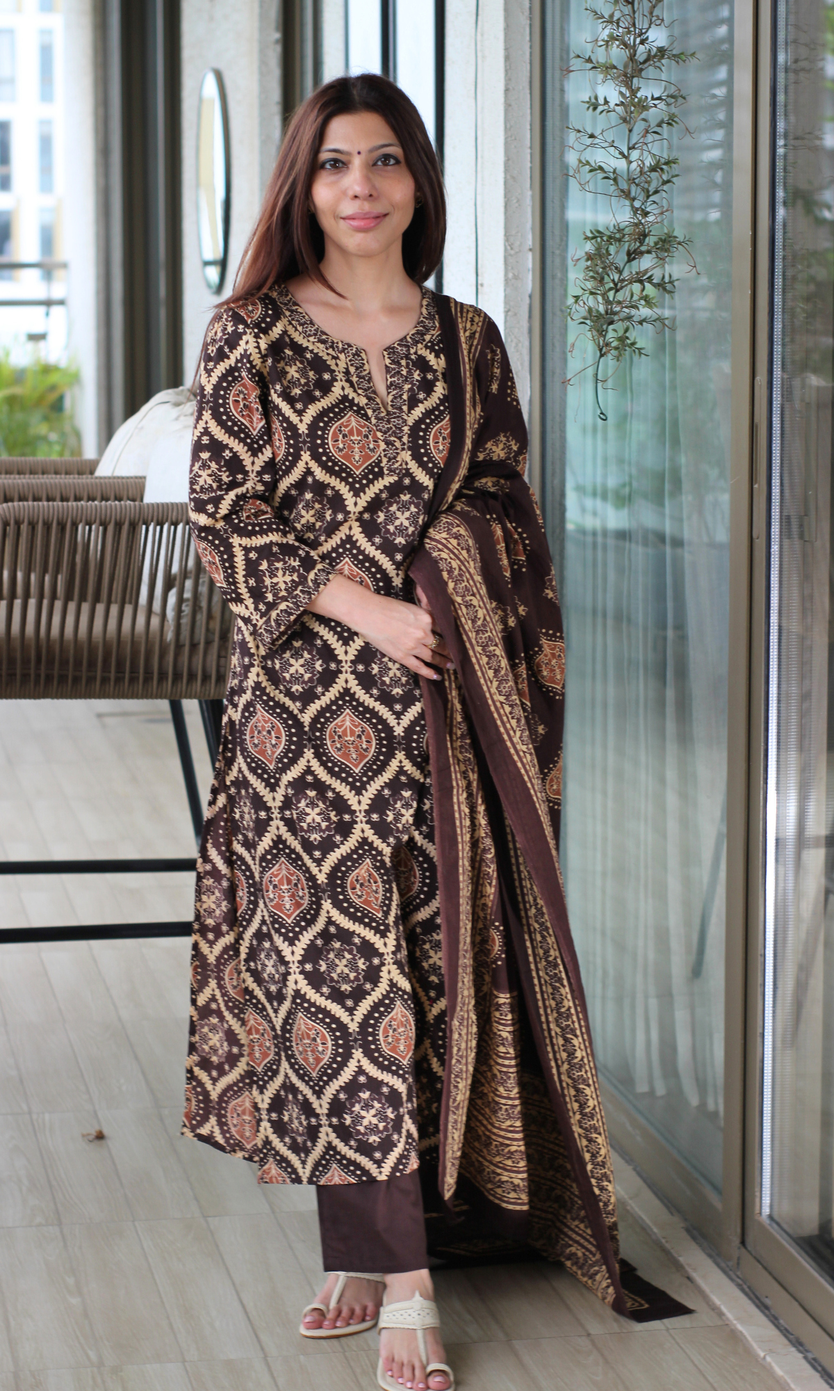 Mocha Royale Ajrakh Print Cotton Kurta, Dupatta & Plain Pants