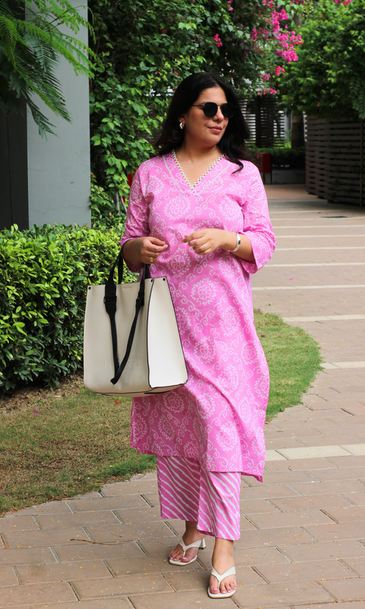 Pink Bandhani Laced Kurta & Lehariya Pant