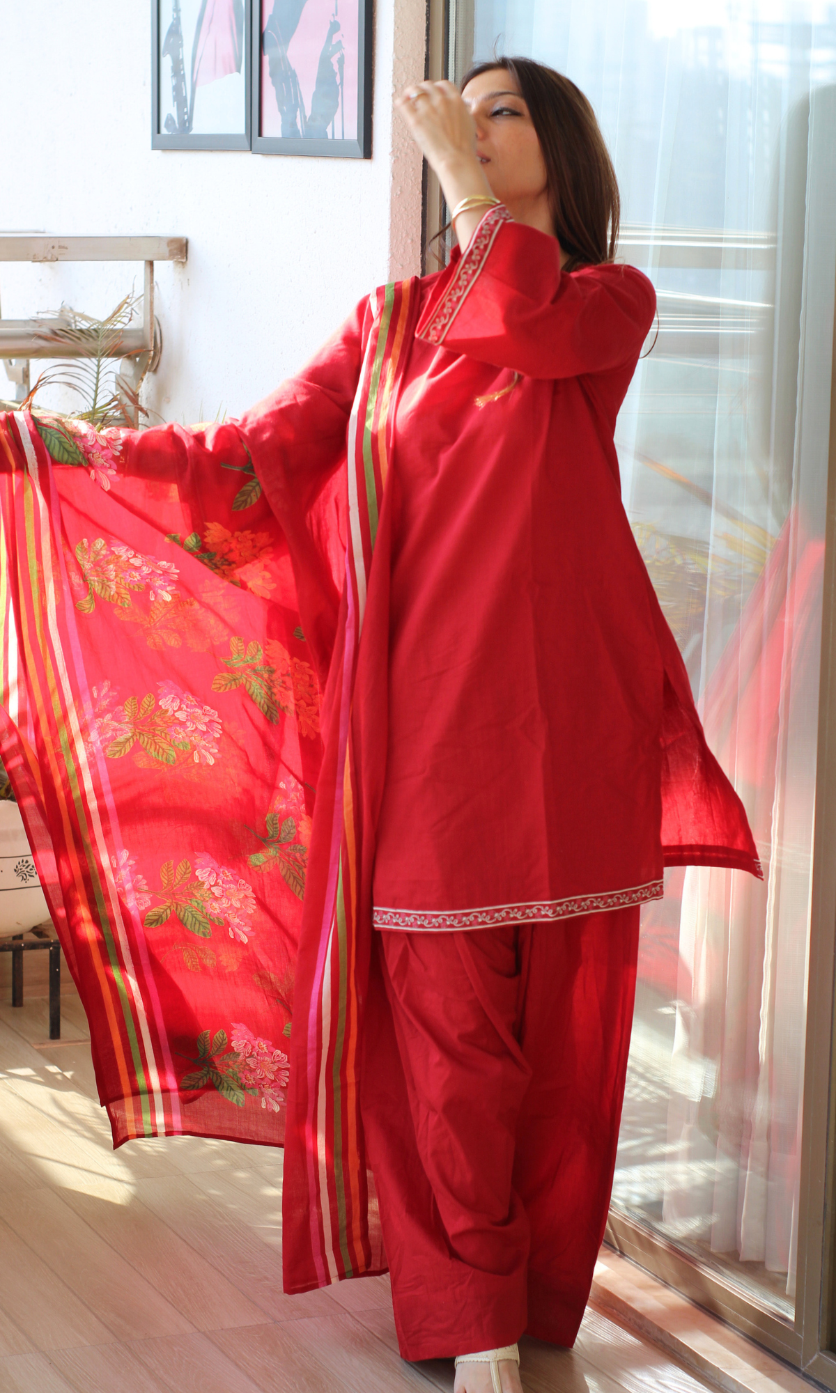 Cotton Red Heena Kurta, Farshi Salwaar & Printed Mul Dupatta
