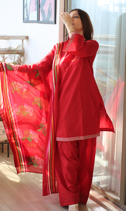 Cotton Red Heena Kurta, Farshi Salwaar & Printed Mul Dupatta