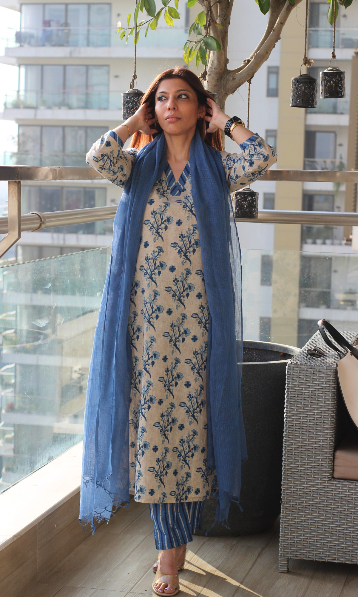 Cotton Oat Blue Block Print Kurta , Striped Pants & Kota Doria Dupatta