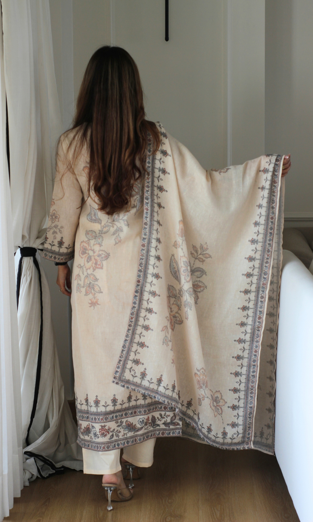Oatmeal Woven Linen Blend Kurta, Dupatta & Cotton Pants