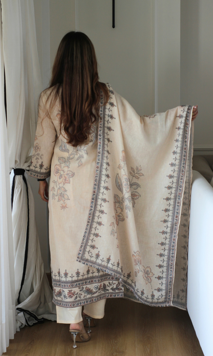Oatmeal Woven Linen Blend Kurta, Dupatta & Cotton Pants