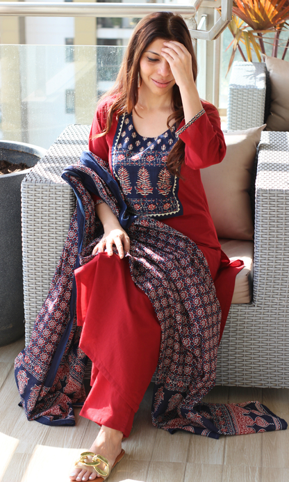 Cotton Red Ajrakh Motif Neck Kurta, Pant with Printed Dupatta