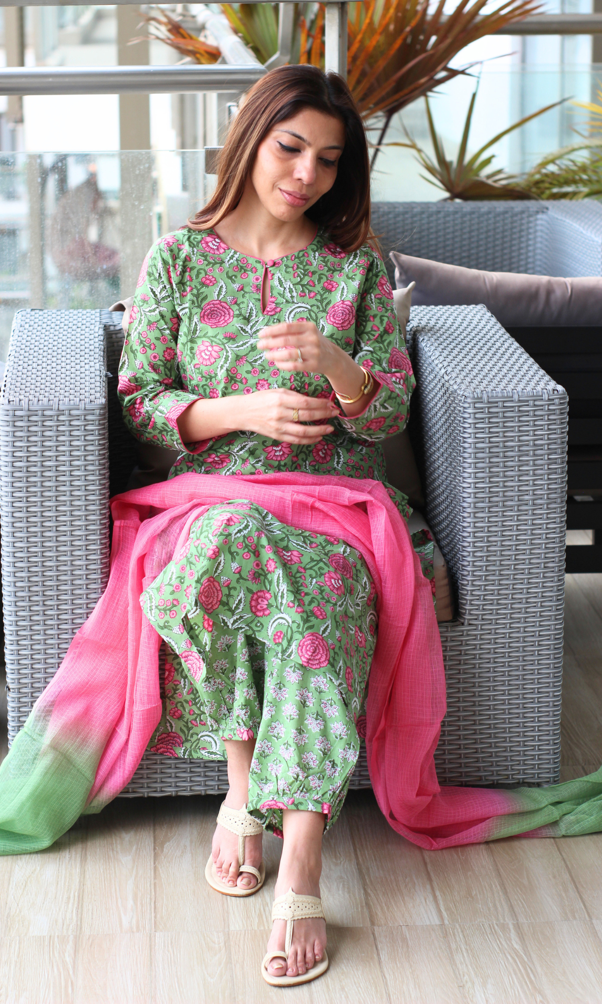 Green & Pink Block Printed Kurta, Afghani Salwaar & Ombré Kota Dupatta