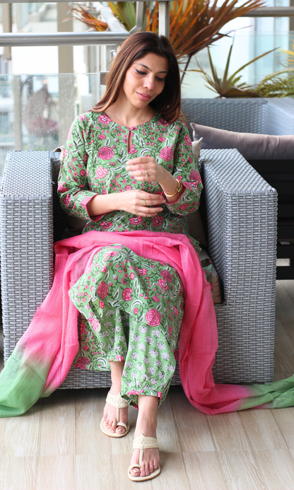 Green & Pink Block Printed Kurta, Afghani Salwaar & Ombré Kota Dupatta
