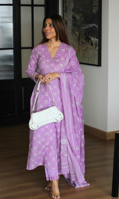 Lilac Lily Block Print Kurta, Dupatta & Cotton Pants