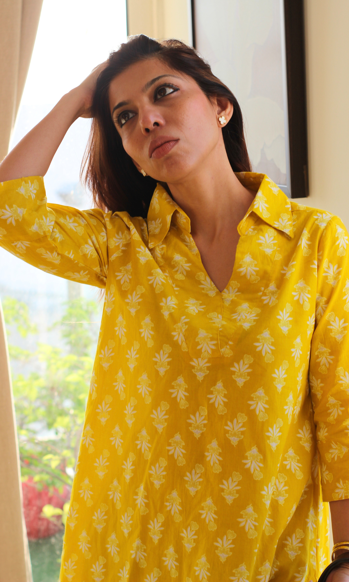 Cotton Yellow Booti Print Collared Neck Co-ord