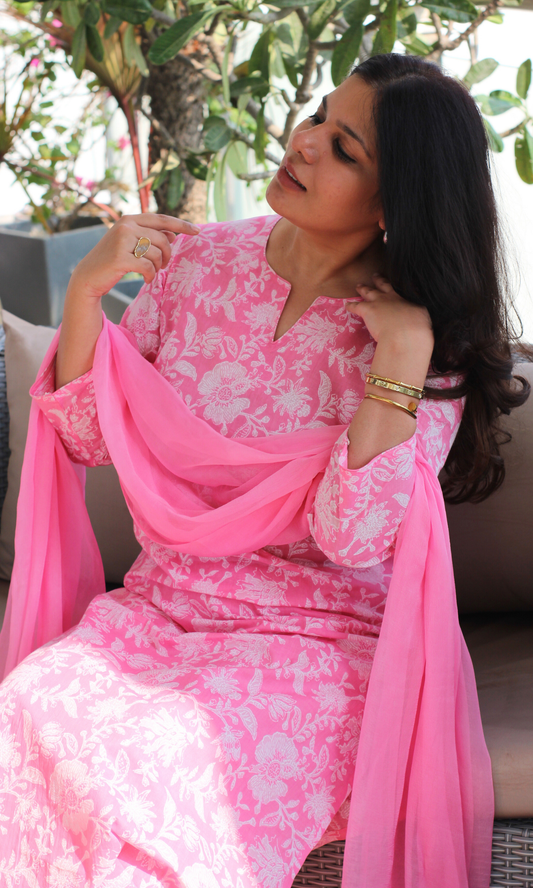 Pink Zara Cotton Printed Kurta, Pant & Chiffon Dupatta