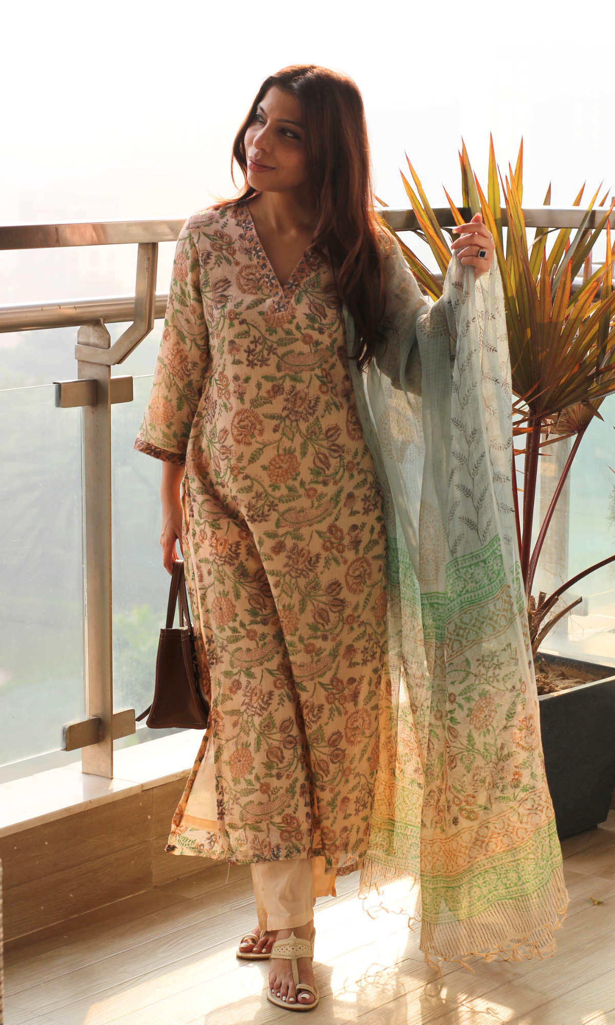 Kota Doria Beige Aqua Handblock Kalamkari Kurta, Dupatta & Cotton Pants