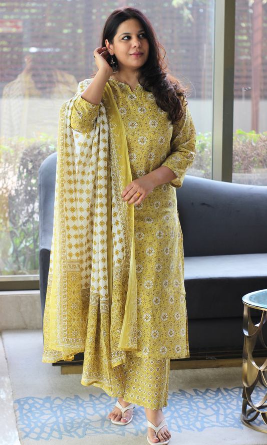 Cotton Harvest Yellow Printed Kurta, Pant & Cotton Printed Dupatta