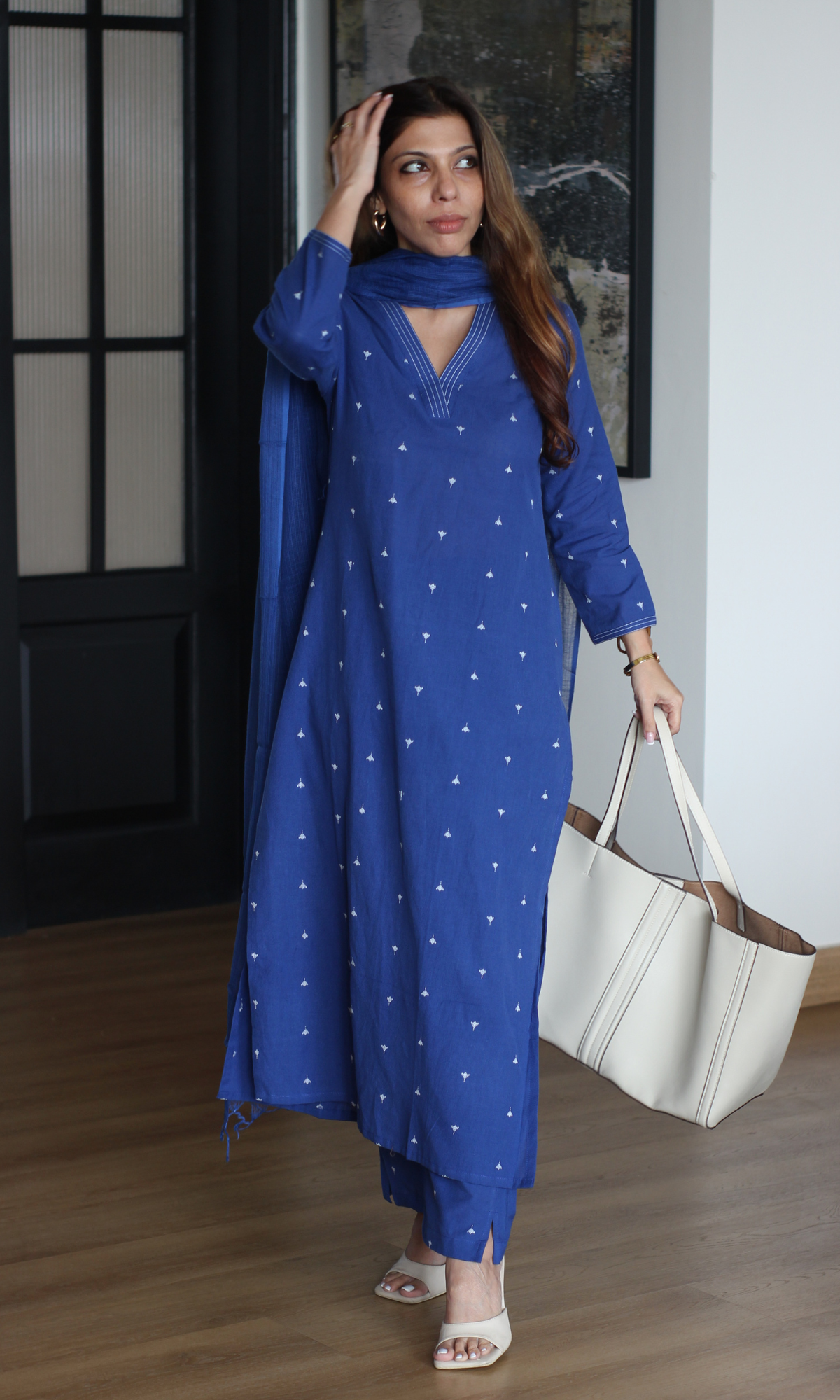 Persian blue Handloom Cotton Dobby Kurta, Pant & Kota Doria Dupatta
