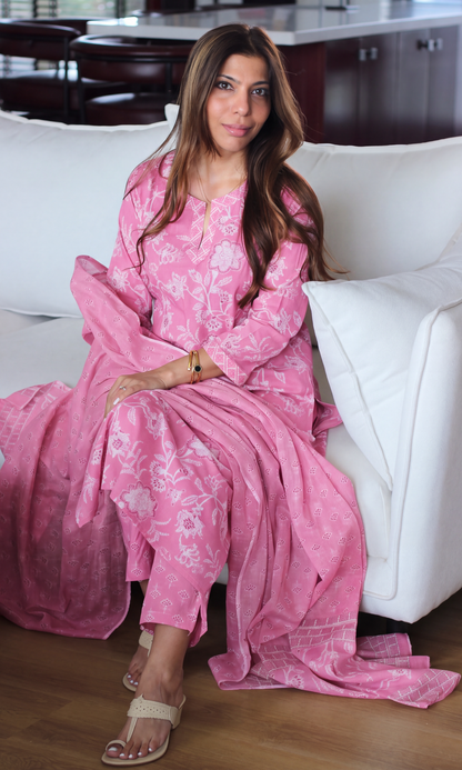 Pink Block Print Cotton Kurta, Pants & Cotton Printed Dupatta