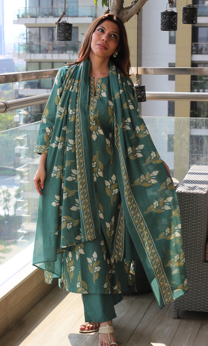 Soft Green Petal Print Kurta, Mul Dupatta & Cotton Pants