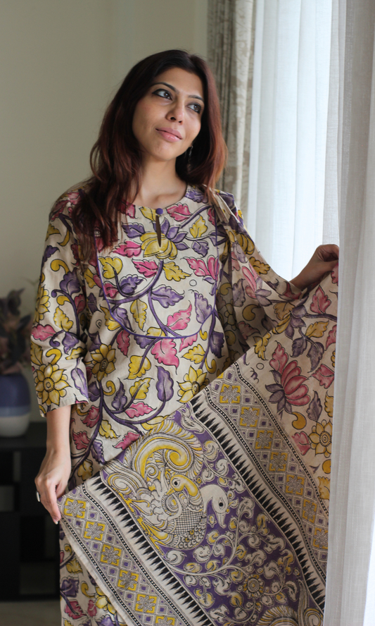 Kavya Purple Handblock Kalamkari Kurta, Dupatta & Cotton Pants