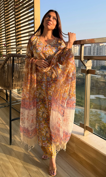 Cotton Handblock Deep Yellow Suit Set with Printed Kota Dupatta