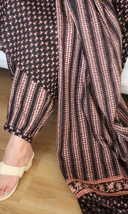 Dharti Black Boota Ajrakh Print Kurta , Afgani Salwaar & Cotton Printed Dupatta