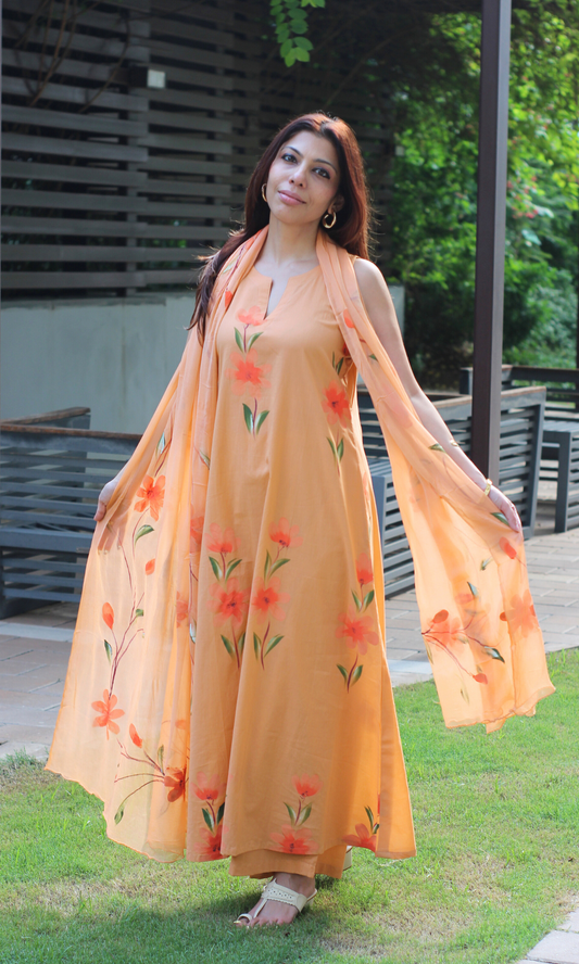 Cotton Saffron Dust Handbrush Painted A line Kurta, Pants & Chiffon Handpainted Dupatta