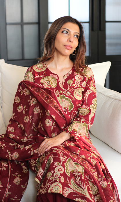 Ruhaani Ruby Block Printed Cotton Kurta, Dupatta & Afghani Style Pant