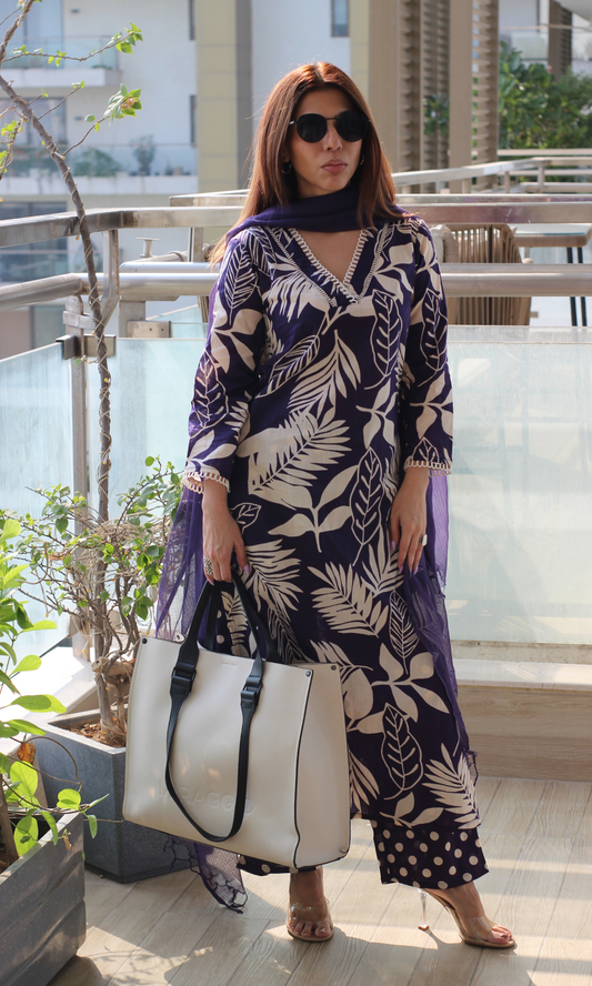 Twilight Purple Big Leaf Kurta, Polka Pants & Kota Doria Dupatta