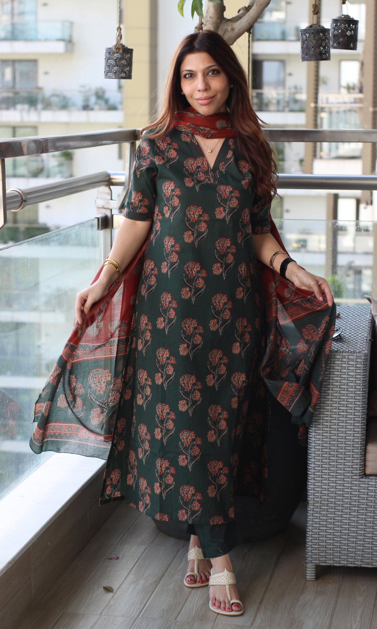 Bottle Green Ajrakh Half Sleeves Kurta , Cotton Pants with Contrast Printed Dupatta