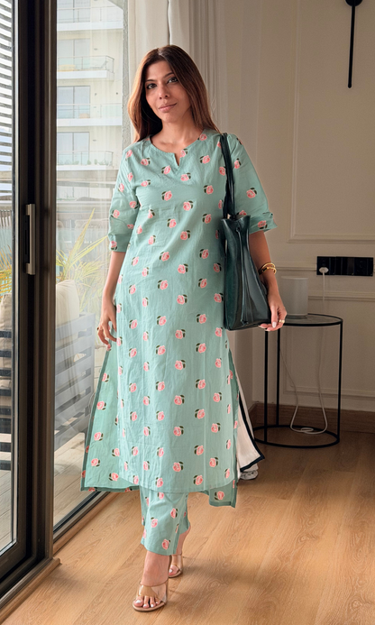 Sea Green Rose High Low Kurta and Pants