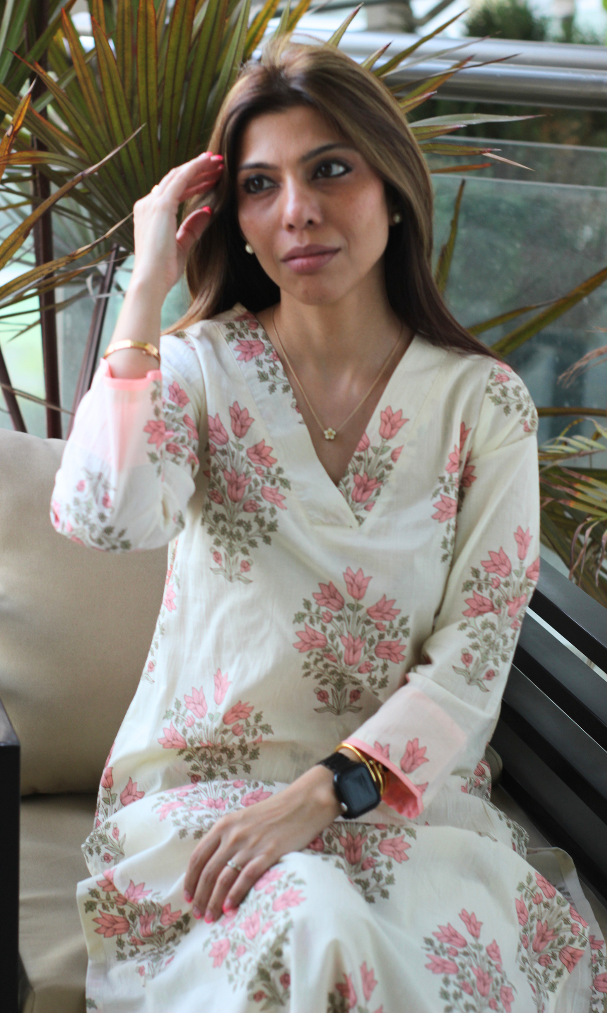 Cotton Off White & Peach Mughal Print Kurta & Pant