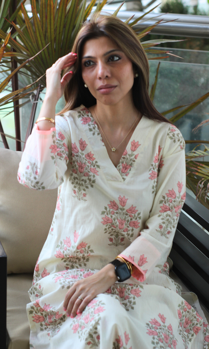 Cotton Off White & Peach Mughal Print Kurta & Pant
