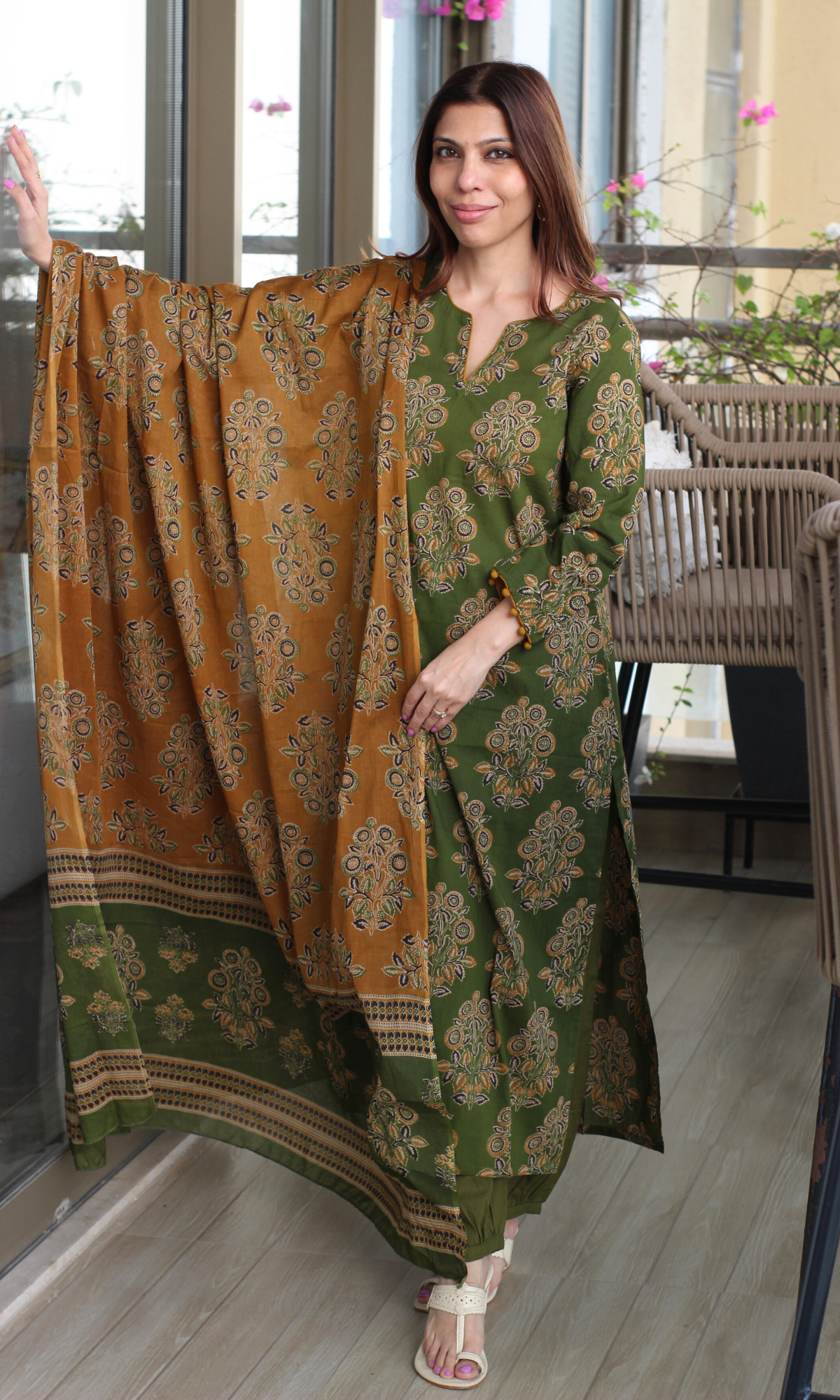 Forest Olive Ajrakh Boota Kurta, Block Print Dupatta & Cotton Afgani Pant