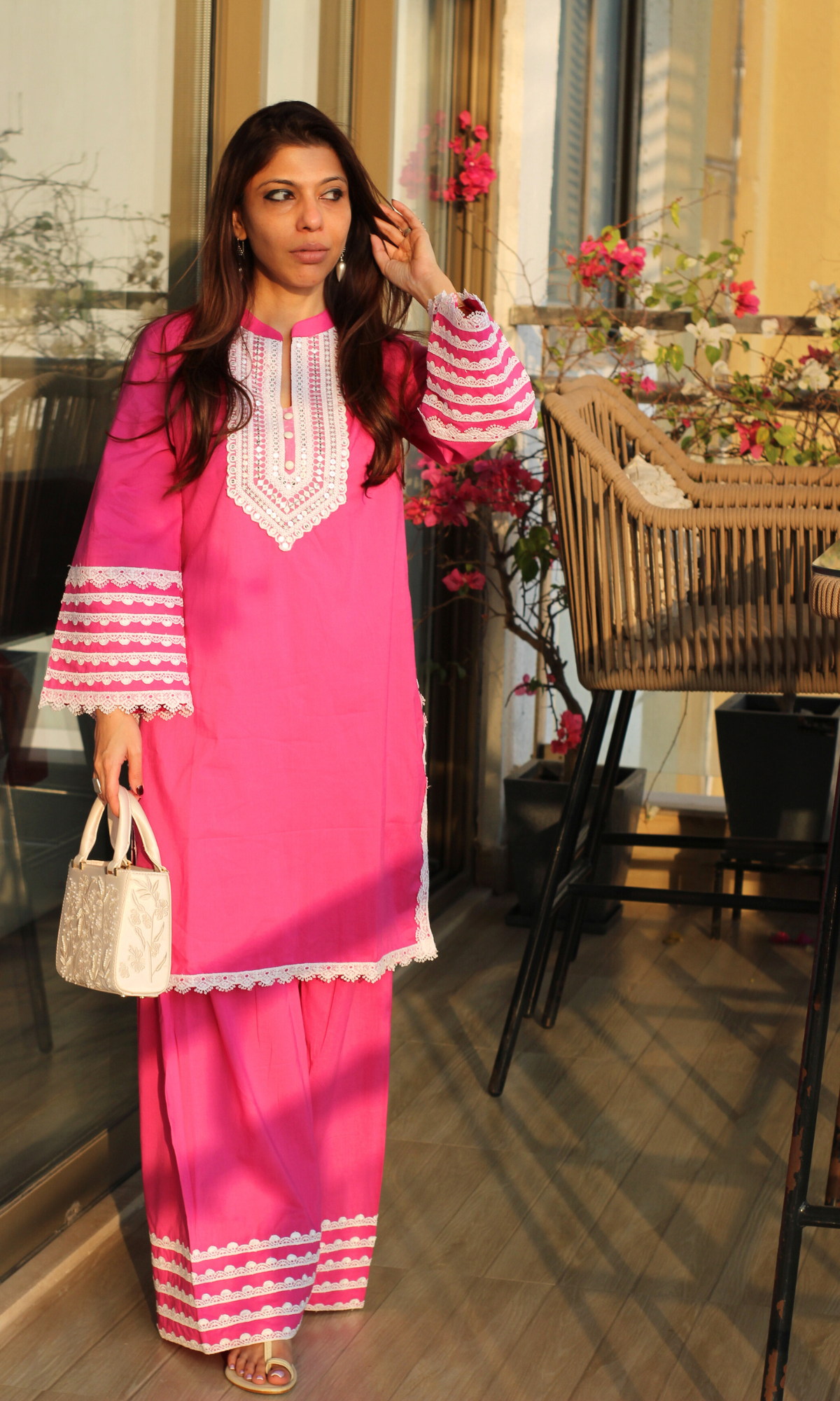 Hot Pink Afreen Thread Lace Work Cotton Kurta & Farshi Salwaar