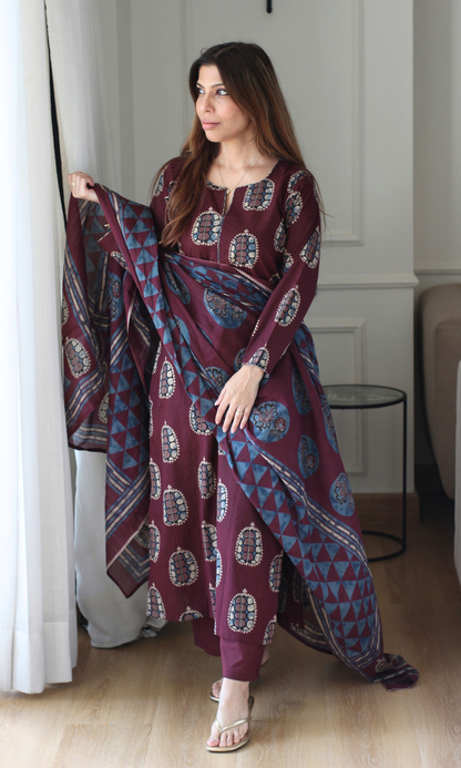 Mahogany Medallion Block Print Cotton Kurta,Dupatta & Pants