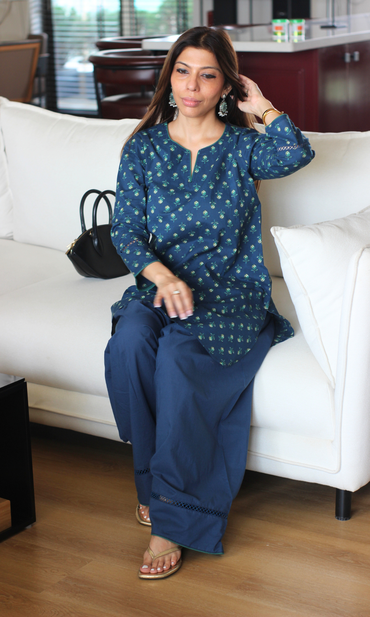 Deep Blue booti Print Kurta & Farshi Salwaar