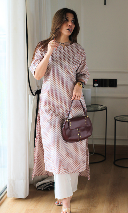 Pretty Rose Cotton Handblock Kurta with Pants