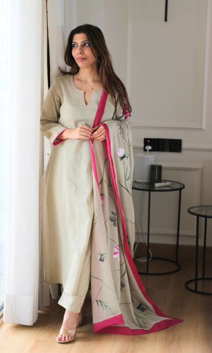 Cotton Slub Clary Sage Kurta, Pant & Mul Handpainted Dupatta