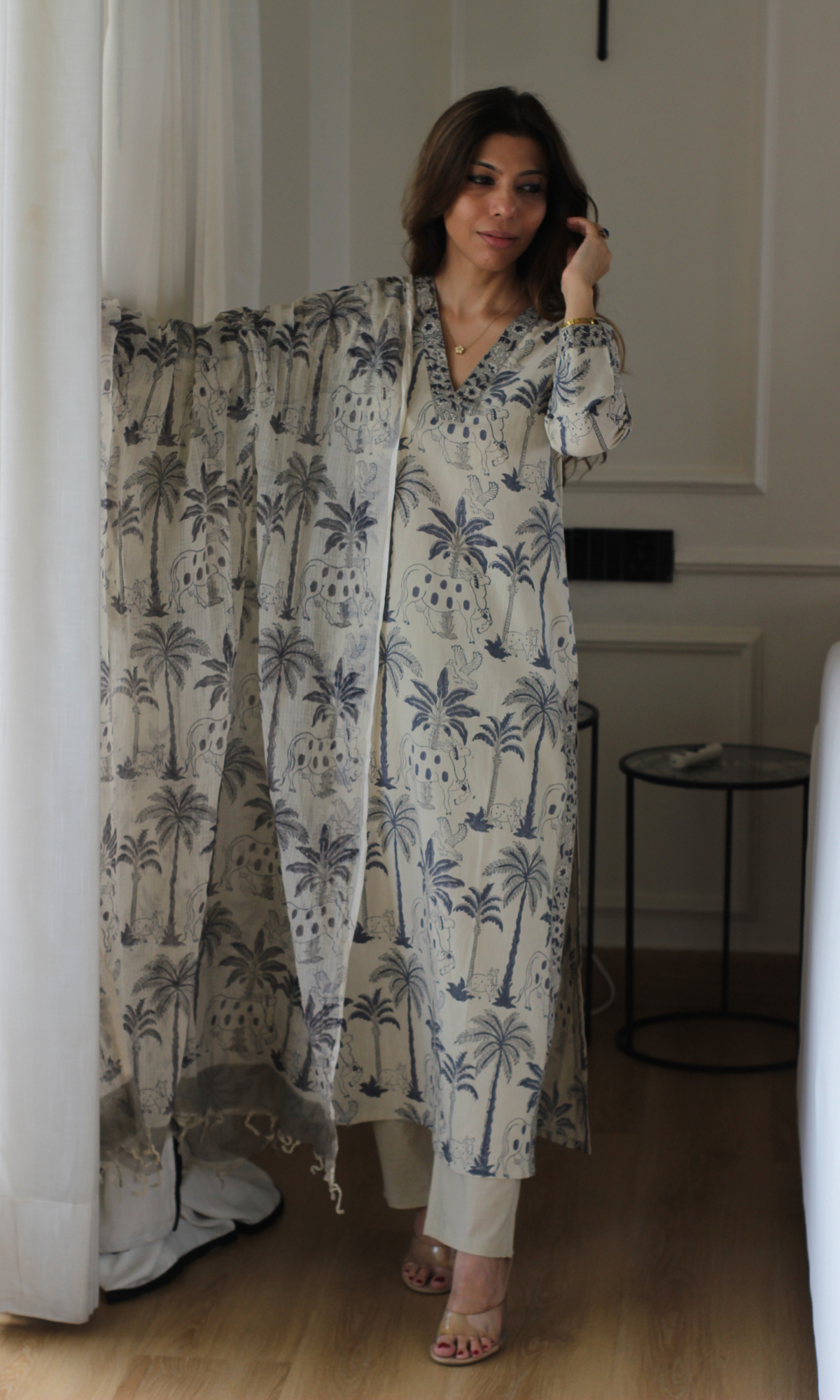 Neelika Palm Handblock Print  Kurta, Cotton Pant and Kota Doria Printed Dupatta