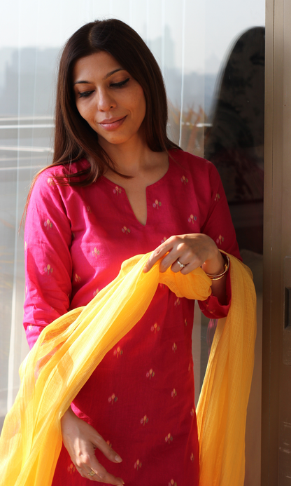 Fuscia Pink Cotton Woven Dobby Kurta , Pant & Ombre Kota Doria Dupatta