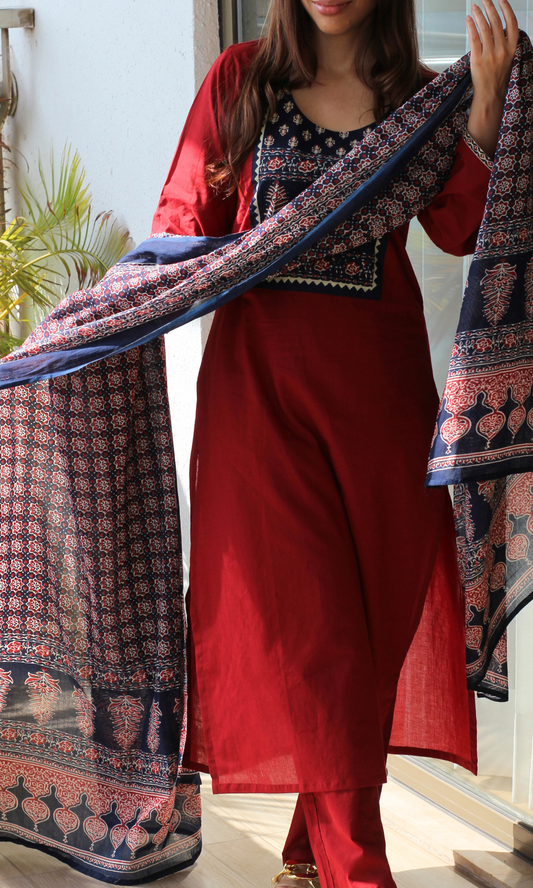 Cotton Red Ajrakh Motif Neck Kurta, Pant with Printed Dupatta