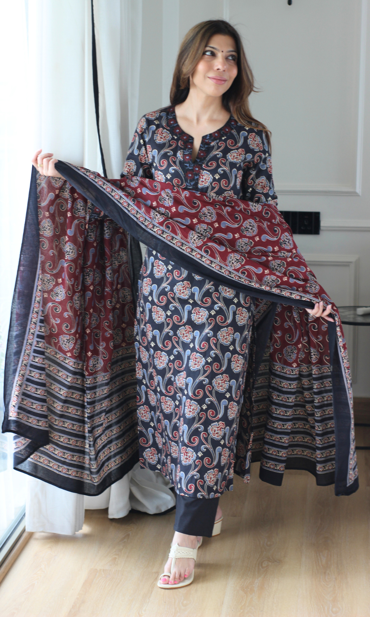 Nazma Sanganeri Print Cotton Kurta,Dupatta & Cotton Pants