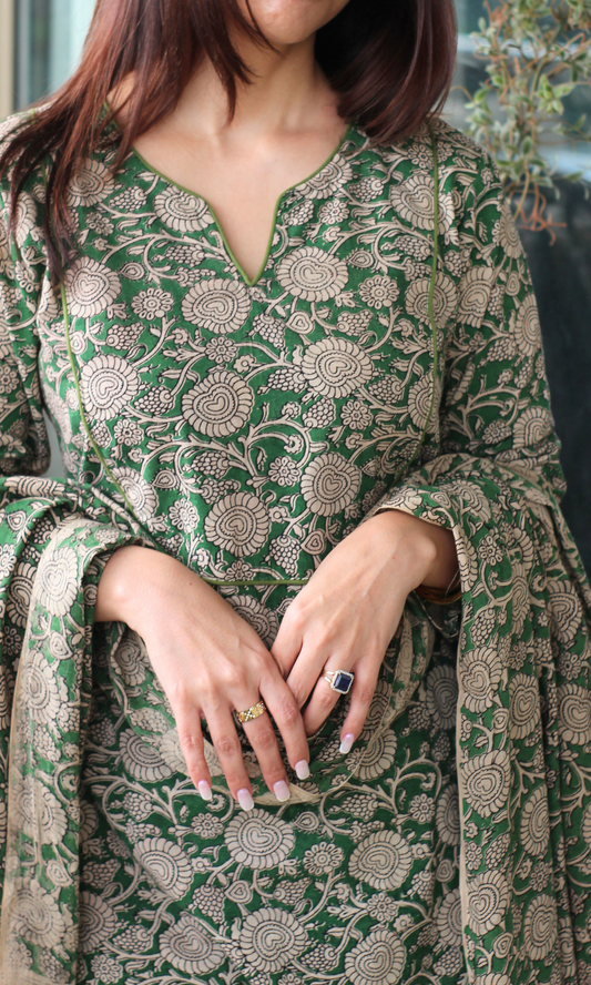 Cotton Emerald Green Handblock Kalamkari Print Kurta, Dupatta & Cotton Pants