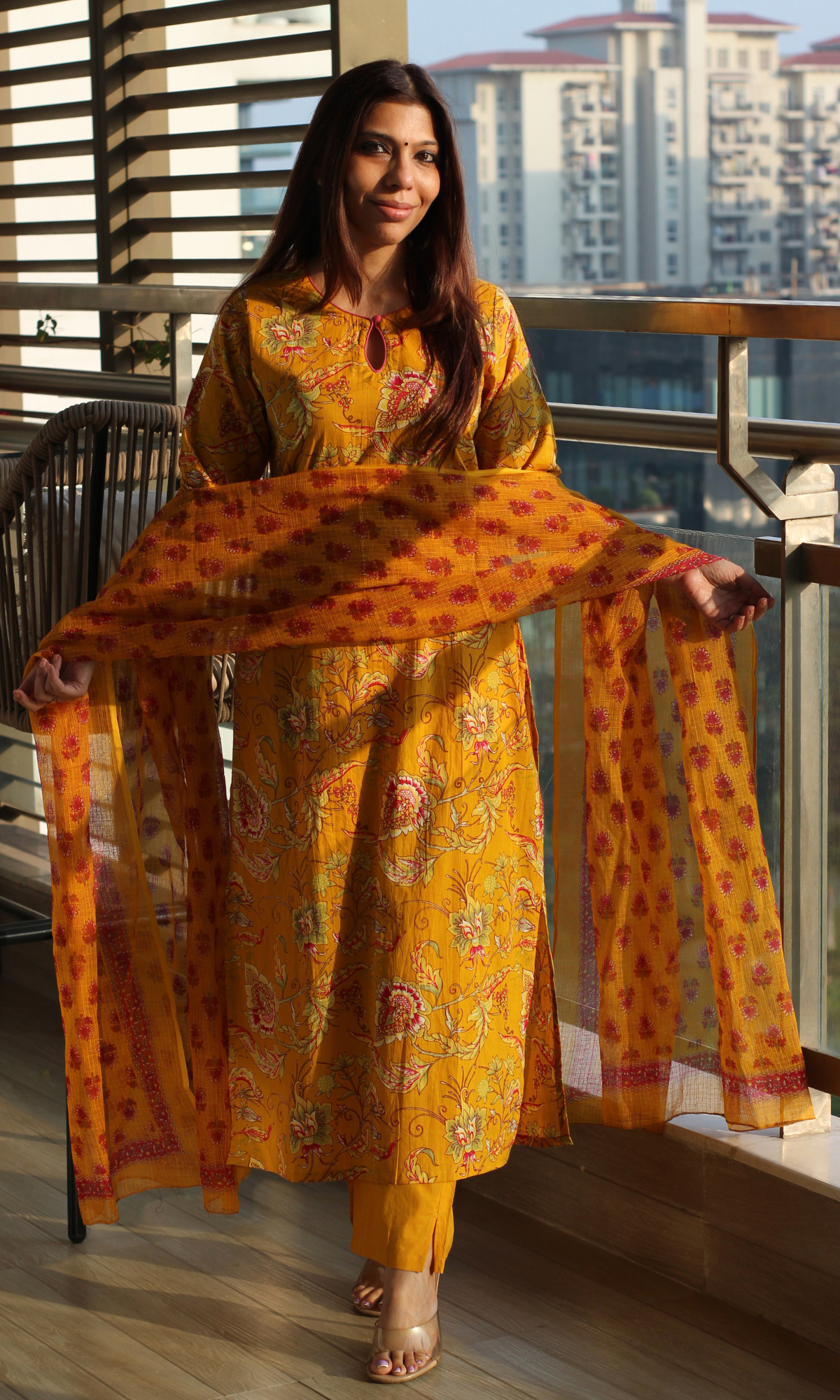 Yellow & Pink Jaal Print Cotton Kurta , Pant & Kota Doria Booti Dupatta