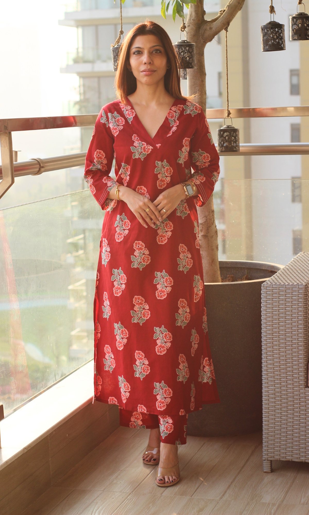 Poppy Red Flower Block Print Kurta & Pant
