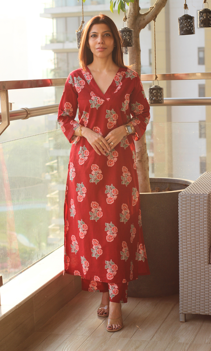 Poppy Red Flower Block Print Kurta & Pant