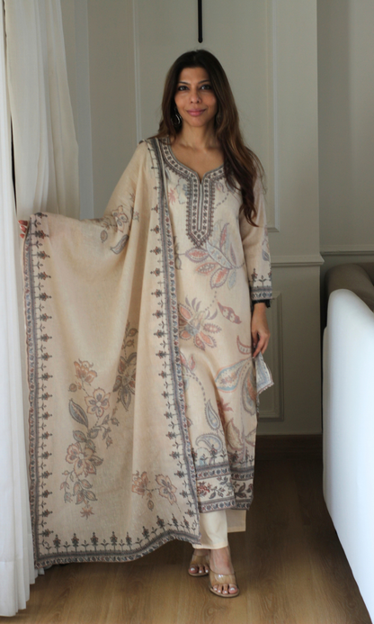 Oatmeal Woven Linen Blend Kurta, Dupatta & Cotton Pants