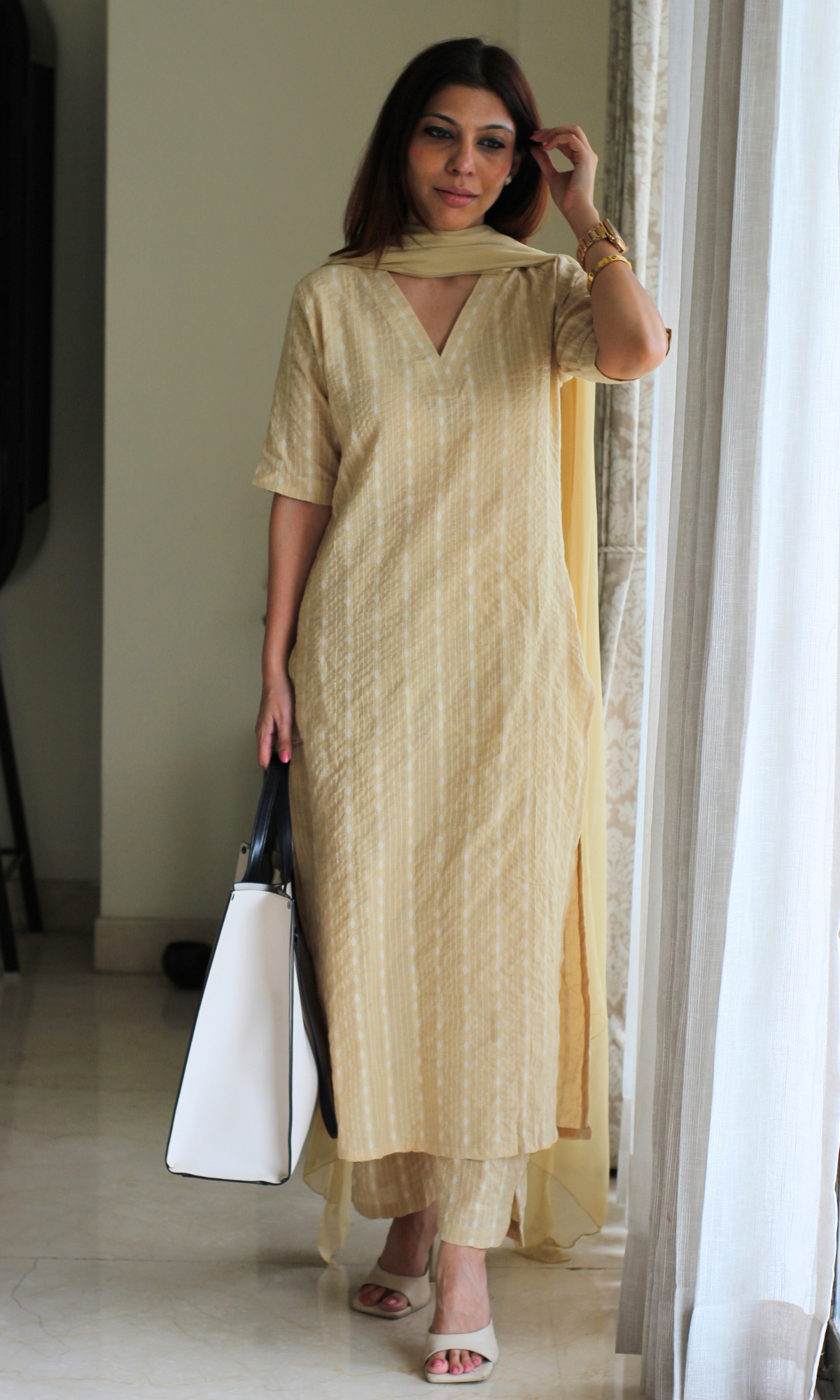 Buttermilk Beige Cotton Kantha Kurta, Pant & Chiffon Dupatta