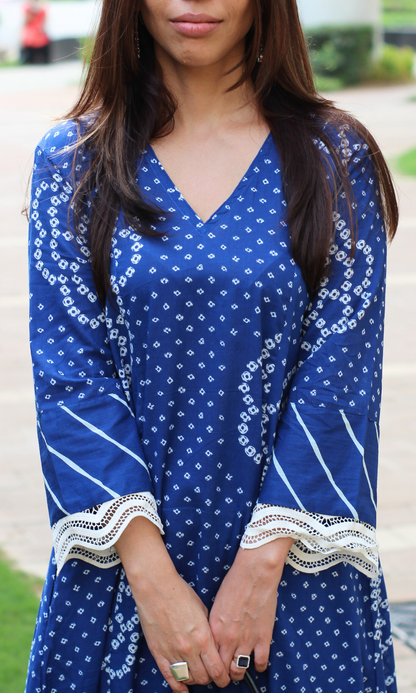 Cotton Blue Meadow Print High Low Kurta & Palazzo