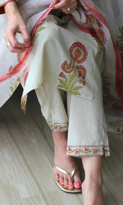 Saira Sorbet Flower Handblock Print Kurta, Pant and Kota Doria Printed Dupatta