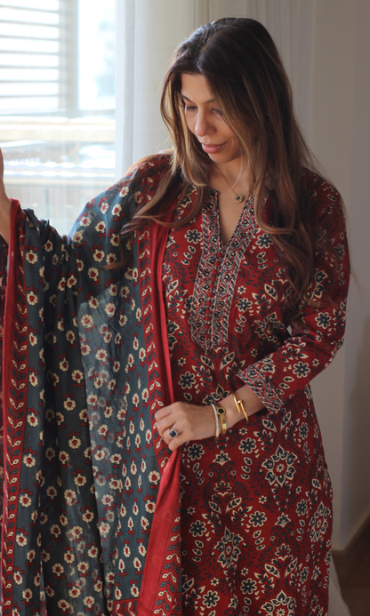 Surkh Ajrakh Block Print Kurta, Dupatta & Cotton Pants