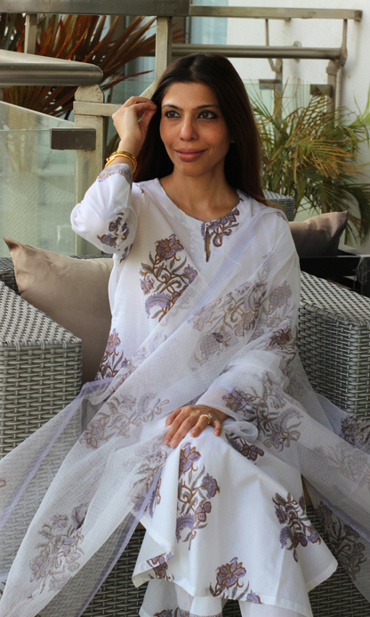 Ziva White & Lavender Mughal Print Kurta, Handblock Print Kota Doria Dupatta & Cotton Pants