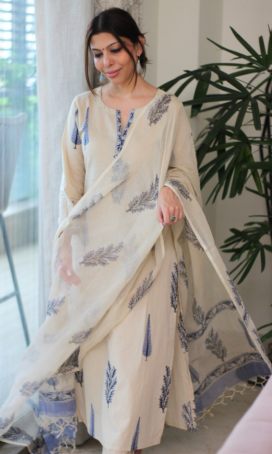 Saira Ferozah Mughal Print Kurta, Kota Dupatta & Cotton Pants