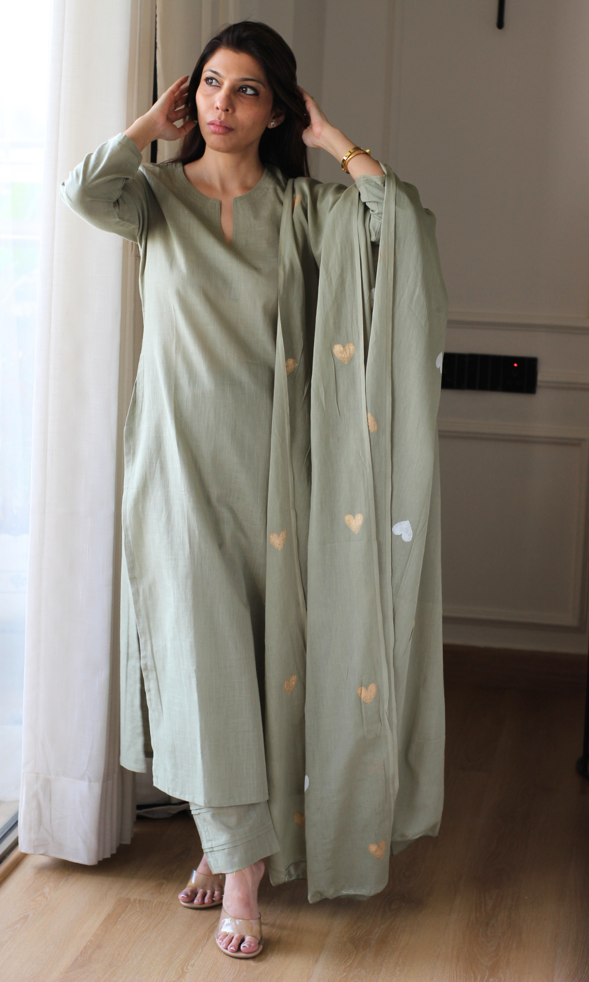 Soft Sage Slub Kurta, Pant with Cotton Hearts Handpainted Dupatta